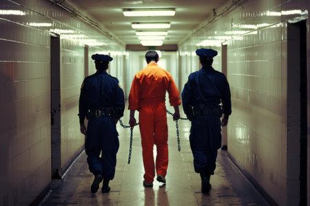Prison guards or police lead a prisoner in chains by the corridor.の素材