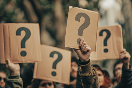 Crowd of people on meeting holding up large placards displayed question mark.の素材