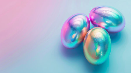 Holographic metallic painted Easter eggs on gradient background with copy space, vivid colorful Easter banner.の素材