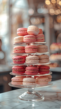 A tower of macarons in pink and red colors, in glass plates, stacked on top of each other on the counter at an American coffee shop with a blurred background.の素材