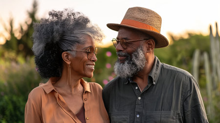 Elderly African American couple enjoying the fresh air outdoors.の素材