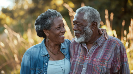Elderly African American couple enjoying the fresh air outdoors.の素材