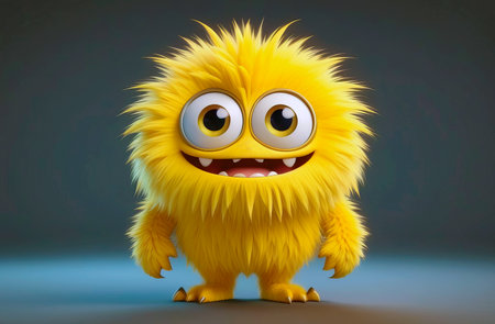 Cute yellow furry monster 3D cartoon character.の素材