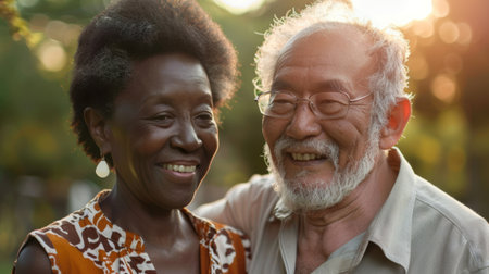 Elderly mixed race couple African American woman and asian man enjoying outdoors their relationship and marriage.の素材