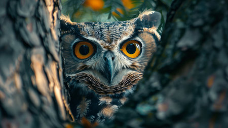 Macro image of an owl face, with big bright yellow eyesの素材