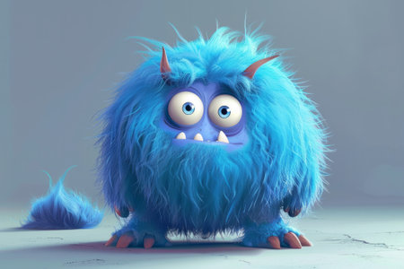 Cute blue furry monster 3D cartoon character.の素材