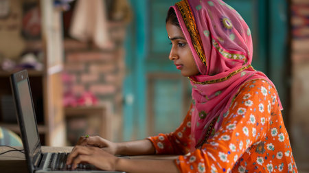 Online Punjabi woman is on computer classes.の素材