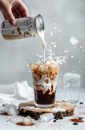 A hand pours milk into glass with coffee.の素材