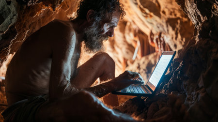 Primitive man sitting in the cave and trying to typing on the laptop.の素材