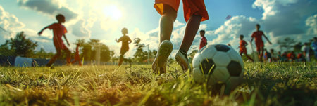Kids soccer football - young children players match on soccer field. Banner.の素材