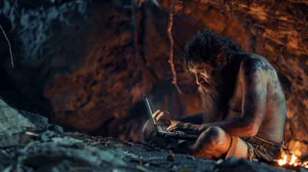 Primitive man sitting in the cave and trying to typing on the laptop.の素材