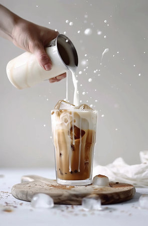 A hand pours milk into glass with coffee.の素材