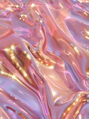 Light pink with bright gold reflections, hologram, flowing fabrics, sparkling water reflections background.の素材