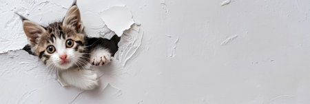 Banner with fluffy kitten head, it is looking out from the hole in the wall, funny muzzle meme, white background.の素材