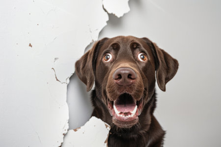 Meme face of the kind brown Labrador Retriever dog is looking out from the hole, broken white and beige wall, funny face, white background.の素材