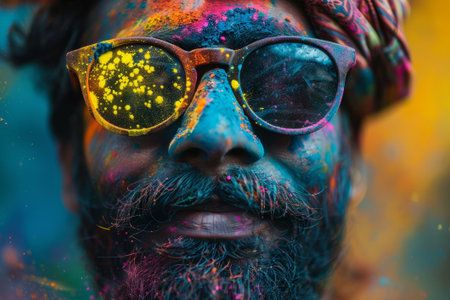 Close-up face shot of Indian young man covered in Holi Powder. Holi color fest celebrating in India.の素材