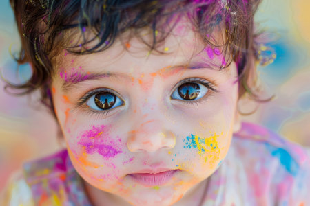 Close-up face shot of little kid covered in Holi Powder. Holi color fest celebrating in India.の素材