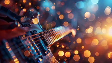 Music concert composition with close-up electronic guitar on blurred background with bokeh effect, copy space for text. Banner.の素材