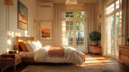 Cosy bedroom in the mansion. Bed with big panorama windows and stunning view.の素材