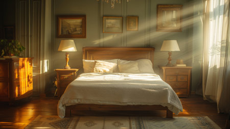 Cosy bedroom in the mansion. Bed with big panorama windows and stunning view.の素材