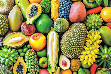 A variety of fruits stacked together, full of vitality, including durian, mangosteen, blueberries, guava, and other succulent fruits.の素材