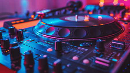 Dj mixer at nightclub. Laser light show is on the background.の素材