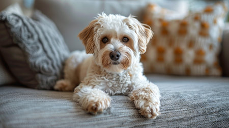 White labradoodle, more doodle than lab, with a friendly face sitting on a couch.の素材