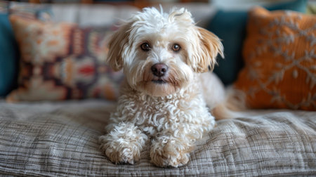 White labradoodle, more doodle than lab, with a friendly face sitting on a couch.の素材