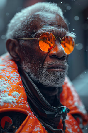Photorealistic half body shot of black mature man with reflective glasses, cyberpunk style.の素材