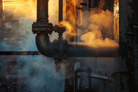 Hot water pipe with steam, golden hour.の素材