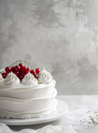 Cake with perfect whipped cream swirls and some small details of red berries on top, very luxurious, with a light gray background.の素材