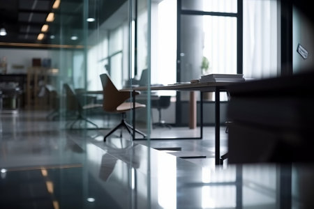 Blurry scene business office background. Lobby reception hall interior or empty indoor foyer meeting room with blurry light from glass wall windowの素材