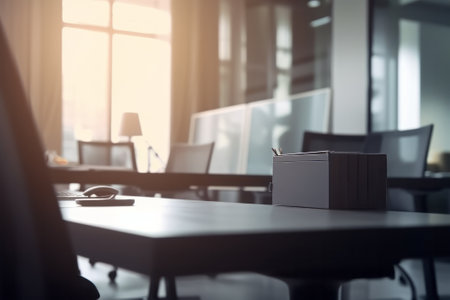 Blurry scene business office background. Lobby reception hall interior or empty indoor foyer meeting room with blurry light from glass wall windowの素材