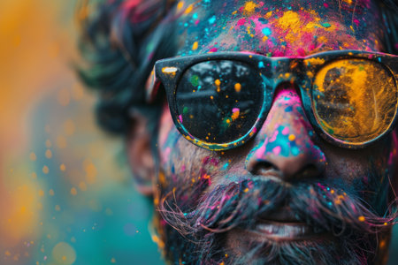 Close-up face shot of Indian young man covered in Holi Powder. Holi color fest celebrating in India.の素材