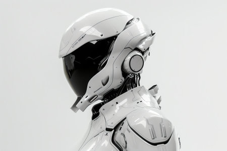 White cyborg robot dressed in a white cyberpunk futuristic racing suit, the robot wears a white futuristic helmet, plain white background.の素材