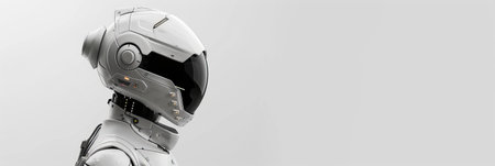 White cyborg robot dressed in a white cyberpunk futuristic racing suit, the robot wears a white futuristic helmet, plain white background.の素材