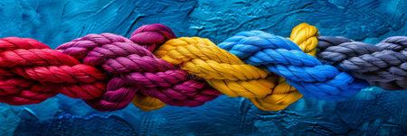 Rope diverse strength connect partnership together teamwork unity communicate support. Strong diverse network, team concept, integrate braid color background.の素材