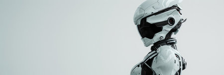 White cyborg robot dressed in a white cyberpunk futuristic racing suit, the robot wears a white futuristic helmet, plain white background.の素材