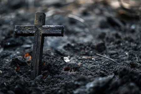 Christian cross and ash as symbol of religion, sacrifice, redemption of Jesus Christ. Ash Wednesday concept.の素材