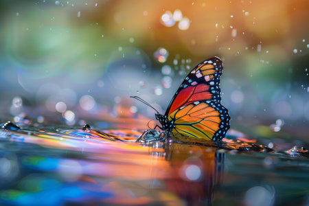 Rainbow butterfly emerging out of the water.の素材