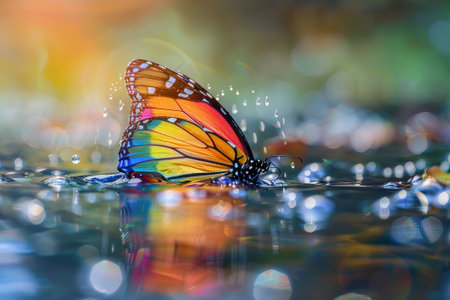 Rainbow butterfly emerging out of the water.の素材