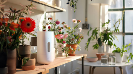 White humidifier stands on a shelf in the office or house space with flowers.の素材