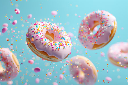 Pastel pink donuts are flying. Playful 3D illustration on blue background.の素材