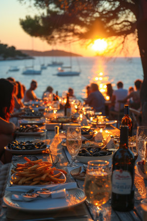 Mediterranean dinner with sea view. A glass of wine, mussels, and other snacks. Romantic evening.の素材