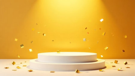 White podium shelf or empty pedestal display on vivid yellow background with minimal style. Blank stand for showing product. 3D rendering.の素材