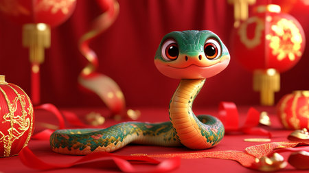 New year 2025 year of the Snake. Green cute snake is on the red Chinese lanterns on red background.の素材