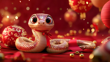 New year 2025 year of the Snake. Cute snake is on the red Chinese lanterns on red background.の素材
