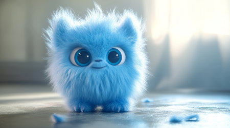 Cute blue little monster, a furry texture, blue background, lovely style, 3d rendering.の素材