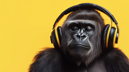 The black huge gorilla is listening to music in headphones.の素材