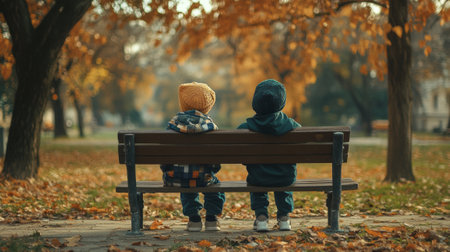 Little kid and friend sit on the park bench. Autumn or fall season.の素材
